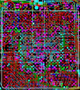 PCB layout between CPU and DDR2 memory, all layers (copper pour not shown)