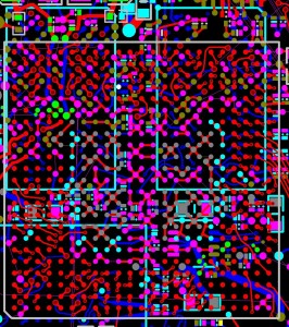 PCB layout between CPU and DDR2 memory, top and bottom layers only (copper pour not shown)